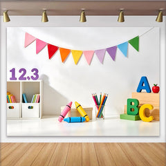 Lofaris Bunter Schul-Fotohintergrund mit ABC-Blöcken und Wimpelkette, fröhliche Lernkulisse für Kinder und professionelle Fotografie
