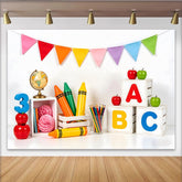 Lofaris Bunter Schul-Fotohintergrund mit ABC-Blöcken und Buntstiften, fröhliche Lernkulisse für Kinderfotografie und Schulanfang
