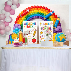 Lofaris Fröhlicher Schulanfang Hintergrund mit Regenbogen und Schulmaterialien, ideale Fotowand für Einschulungsfeier und Klassenzimmer