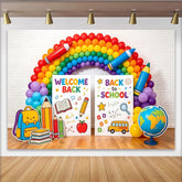 Lofaris Fröhlicher Schulanfang Hintergrund mit Regenbogen und Schulmaterialien, ideale Fotowand für Einschulungsfeier und Klassenzimmer