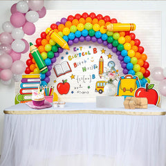 Lofaris Bunter Regenbogen Einschulungshintergrund mit Schulbus und Büchern, fröhliche Partydekoration für Schulanfang und Fotoshooting