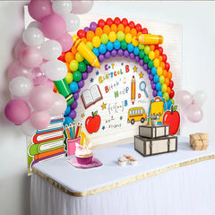 Lofaris Bunter Regenbogen Einschulungshintergrund mit Schulbus und Büchern, fröhliche Partydekoration für Schulanfang und Fotoshooting