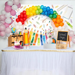 Lofaris Bunter Einschulungs-Hintergrund mit Regenbogen Luftballons und Bleistiften, fröhliche Fotowand für Schulanfang und Kinderfotografie