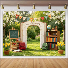 Lofaris Schulanfangshintergrund mit Back to School Bogen und Büchern, frühlingshafte Fotowand für Einschulung und Partydekoration