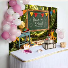 Lofaris Grüner Wald Schulanfangshintergrund mit Tafel und bunten Wimpeln, Bücher Globus Sonnenblumen für Schulfeier Fotostudio Kulisse