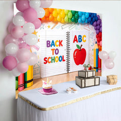 Lofaris Bunter Schulanfangshintergrund mit ABC und Apfel für Kinder, fröhliche Kulisse mit Regenbogen Luftballons und Bleistiften