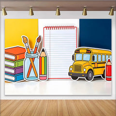 Lofaris Farbenfroher Schulanfang Hintergrund mit Schulbus und Büchern, perfekte Fotokulisse für Kinder und Schulfeier-Dekoration