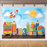 Lofaris Bunter Lern-Fotohintergrund mit ABC Zahlen und Rakete für Kinder, fröhliche Fotowand für Kindergarten und Schulfotografie