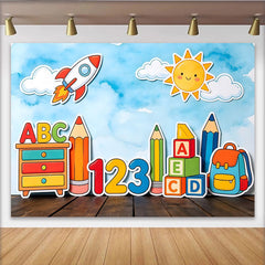Lofaris Bunter Lern-Fotohintergrund mit ABC Zahlen und Rakete für Kinder, fröhliche Fotowand für Kindergarten und Schulfotografie