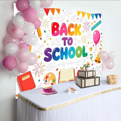 Lofaris Bunter Schulanfang Hintergrund mit Back to School Text und Schulmaterialien, fröhliche Kulisse für Kinder Partydekoration