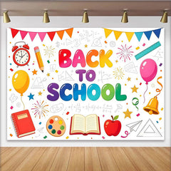 Lofaris Bunter Schulanfang Hintergrund mit Back to School Text und Schulmaterialien, fröhliche Kulisse für Kinder Partydekoration