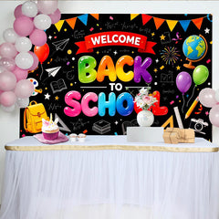 Lofaris Bunter Schulanfang Hintergrund mit Luftballons und Schulmaterialien, fröhliche Fotowand für Einschulungsfeier und Fotoshooting