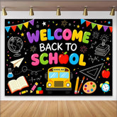 Lofaris Bunter Schulanfangshintergrund mit Schulbus und Kreidetafel-Design für Kinder, fröhliche Fotokulisse für Schulparty-Dekoration