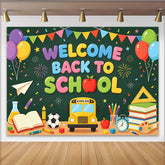 Lofaris Bunter Welcome Back to School Einschulungshintergrund, fröhliche Fotokulisse mit Schulbus für Schulanfang und Party