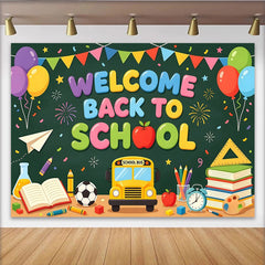 Lofaris Bunter Welcome Back to School Einschulungshintergrund, fröhliche Fotokulisse mit Schulbus für Schulanfang und Party