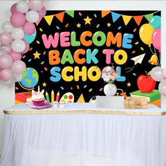 Lofaris Bunter Schulanfangshintergrund mit Welcome Back to School und Schulmaterialien, fröhliche Fotowand für Einschulungsfeier Dekoration