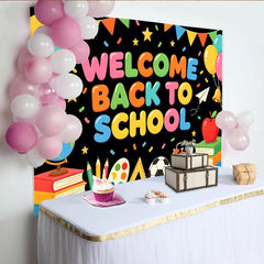 Lofaris Bunter Schulanfangshintergrund mit Welcome Back to School und Schulmaterialien, fröhliche Fotowand für Einschulungsfeier Dekoration