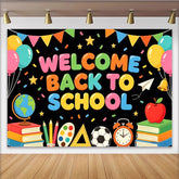 Lofaris Bunter Schulanfangshintergrund mit Welcome Back to School und Schulmaterialien, fröhliche Fotowand für Einschulungsfeier Dekoration