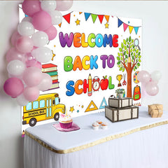 Lofaris Bunter Schulanfangshintergrund Welcome Back To School mit Schulbus, fröhliche Fotowand für Schulanfangsparty und Klassenzimmer