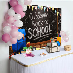 Lofaris Willkommen zum Schulanfang Hintergrund mit Tafel und Schulmaterialien, bunte Fotokulisse für Einschulungsfeier und Fotoshooting