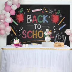 Lofaris Bunter Schulanfangshintergrund in Kreide-Optik mit Äpfeln und Bleistiften, lehrreiche Fotowand für Schulfeiern und Fotoshootings