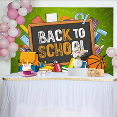 Lofaris Bunter Schulanfangshintergrund mit Tafel, Rucksack und Büchern, fröhliche Fotowand für Schulfeste und Fotoshootings