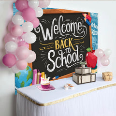 Lofaris Blauer Schulanfangshintergrund mit Welcome Back to School Tafel, bunte Schulmaterialien Fotowand für Einschulungsfeier