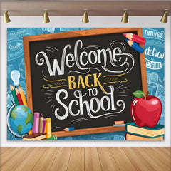 Lofaris Blauer Schulanfangshintergrund mit Welcome Back to School Tafel, bunte Schulmaterialien Fotowand für Einschulungsfeier