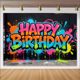 Lofaris Bunter Graffiti-Geburtstagshintergrund mit Neonfarben und Farbspritzern, lebendige Kulisse für Kinderparty und Fotoshooting