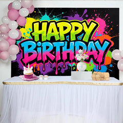 Lofaris Vibranter Neon Happy Birthday Hintergrund mit bunten Farbspritzern, moderne Partydekoration für Fotoshooting und Feier