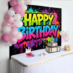 Lofaris Vibranter Neon Happy Birthday Hintergrund mit bunten Farbspritzern, moderne Partydekoration für Fotoshooting und Feier