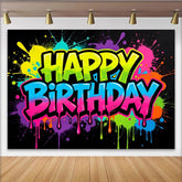 Lofaris Vibranter Neon Happy Birthday Hintergrund mit bunten Farbspritzern, moderne Partydekoration für Fotoshooting und Feier