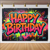 Lofaris Leuchtender Neon Happy Birthday Hintergrund im Graffiti-Stil, moderne Fotowand für lebendige Partydekoration