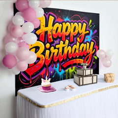 Lofaris Bunter Graffiti Happy Birthday Hintergrund mit Farbspritzern, moderne Kulisse für lebendige Partydekoration und Fotoshooting