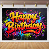 Lofaris Bunter Graffiti Happy Birthday Hintergrund mit Farbspritzern, moderne Kulisse für lebendige Partydekoration und Fotoshooting
