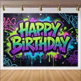 Lofaris Urbaner Graffiti Happy Birthday Hintergrund in Neonfarben, coole Fotowand für moderne Geburtstagsfeiern
