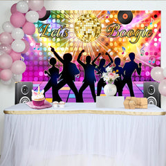 Lofaris Bunter Discohintergrund mit Discokugel und tanzenden Silhouetten, lebendige Fotokulisse für Mottopartys und Events