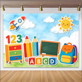 Lofaris Bunter Schulstart Hintergrund mit Zahlen Buchstaben und Bleistiften, fröhliche Lernkulisse für Kinderfotografie und Klassenzimmer