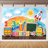 Lofaris Bunter Schulanfang Hintergrund mit Zahlen Buchstaben und Rakete, farbenfrohe Lernkulisse für Kinderfotos und Klassenzimmer Dekoration