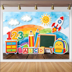 Lofaris Bunter Schulanfang Hintergrund mit Zahlen Buchstaben und Rakete, farbenfrohe Lernkulisse für Kinderfotos und Klassenzimmer Dekoration