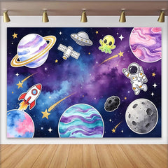 Lofaris Bunter Cartoon Weltraum Fotohintergrund für Kinder mit Planeten, farbenfrohe Kulisse für Kindergeburtstag und Fotoshooting