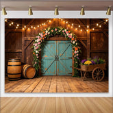 Lofaris Rustikaler Scheunen-Fotohintergrund mit Blumenbogen und Lichterketten, charmante Kulisse für Hochzeiten und Eventfotografie