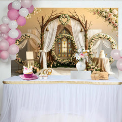 Lofaris Romantischer Hochzeitshintergrund mit Bogen und floralen Rosen, elegante Kulisse für Hochzeitsfotos und Eventdekoration