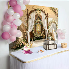 Lofaris Romantischer Hochzeitshintergrund mit Bogen und floralen Rosen, elegante Kulisse für Hochzeitsfotos und Eventdekoration
