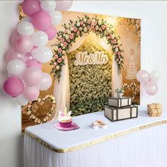 Lofaris Romantischer Hochzeitshintergrund Blumenbogen Mr & Mrs Schild, elegante Kulisse mit rosa weißen Rosen für Hochzeitsfeier Fotostudio