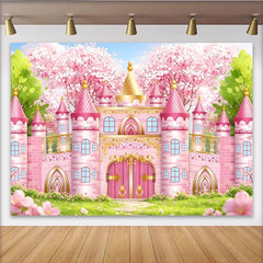 Lofaris Rosa Prinzessinnenschloss Fotohintergrund mit Kirschblüten, wunderschöne Kulisse für Kinder Fotoshooting und Partydekoration