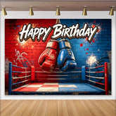 Lofaris Roter blauer Boxring Happy Birthday Box-Geburtstagshintergrund für Sportfans, coole Ziegelwand Graffiti Fotowand für Partydekoration