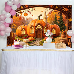Lofaris Märchenhafter Herbst-Kürbishaus Hintergrund mit leuchtenden Fenstern, gemütliche Dekoration für Herbstfest und Fotoshooting