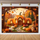 Lofaris Märchenhafter Herbst-Kürbishaus Hintergrund mit leuchtenden Fenstern, gemütliche Dekoration für Herbstfest und Fotoshooting