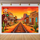 Lofaris Cartoon Wildwest-Hintergrund mit Eisenbahn und Saloon, Wüstenlandschaft Fotokulisse für Kinderparty und Fotoshooting